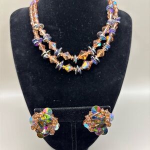 Vintage Mocha Multicolor Crystal Necklace and clip Earring Set